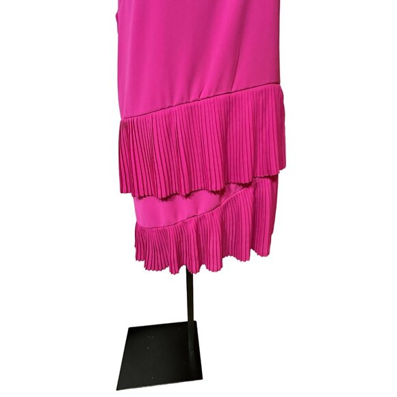 Bold Pink Pleated Tier Party Dress L – Holiday Glam Giftable Statement Look - Picture 3 of 7